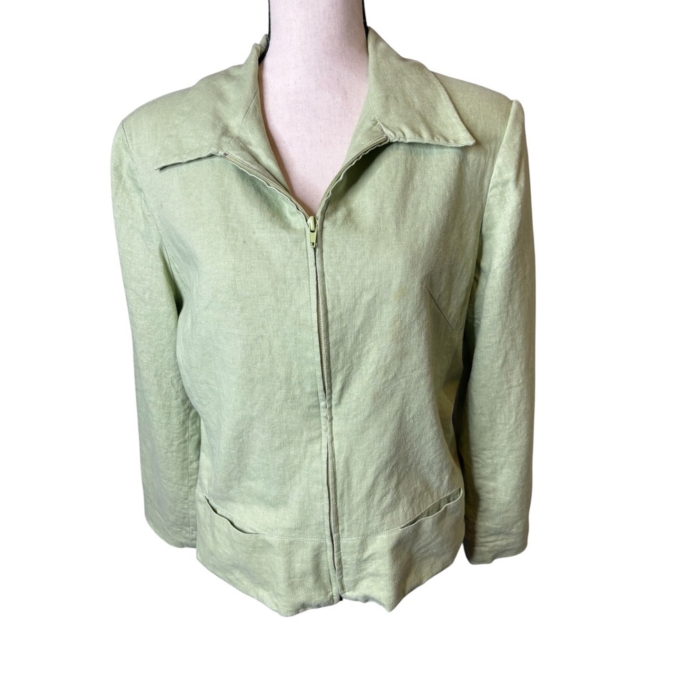 Sandro Vintage Sage Green Linen Blend Zip Up Jacket Womens Size 14 Light Green
